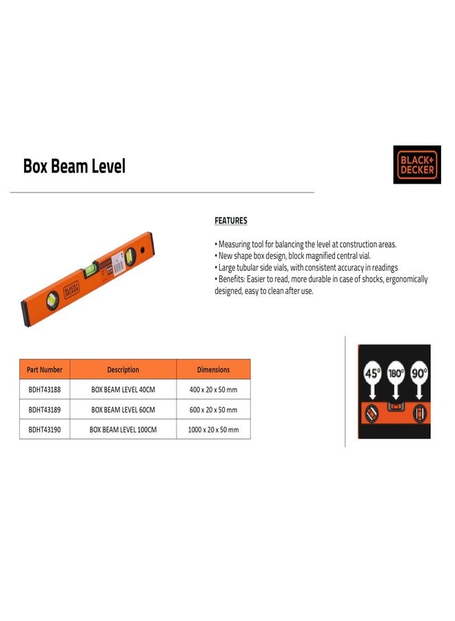 BLACK+DECKER BDHT43190 Aluminium Box Beam Level 100cm (Orange) - Image 5